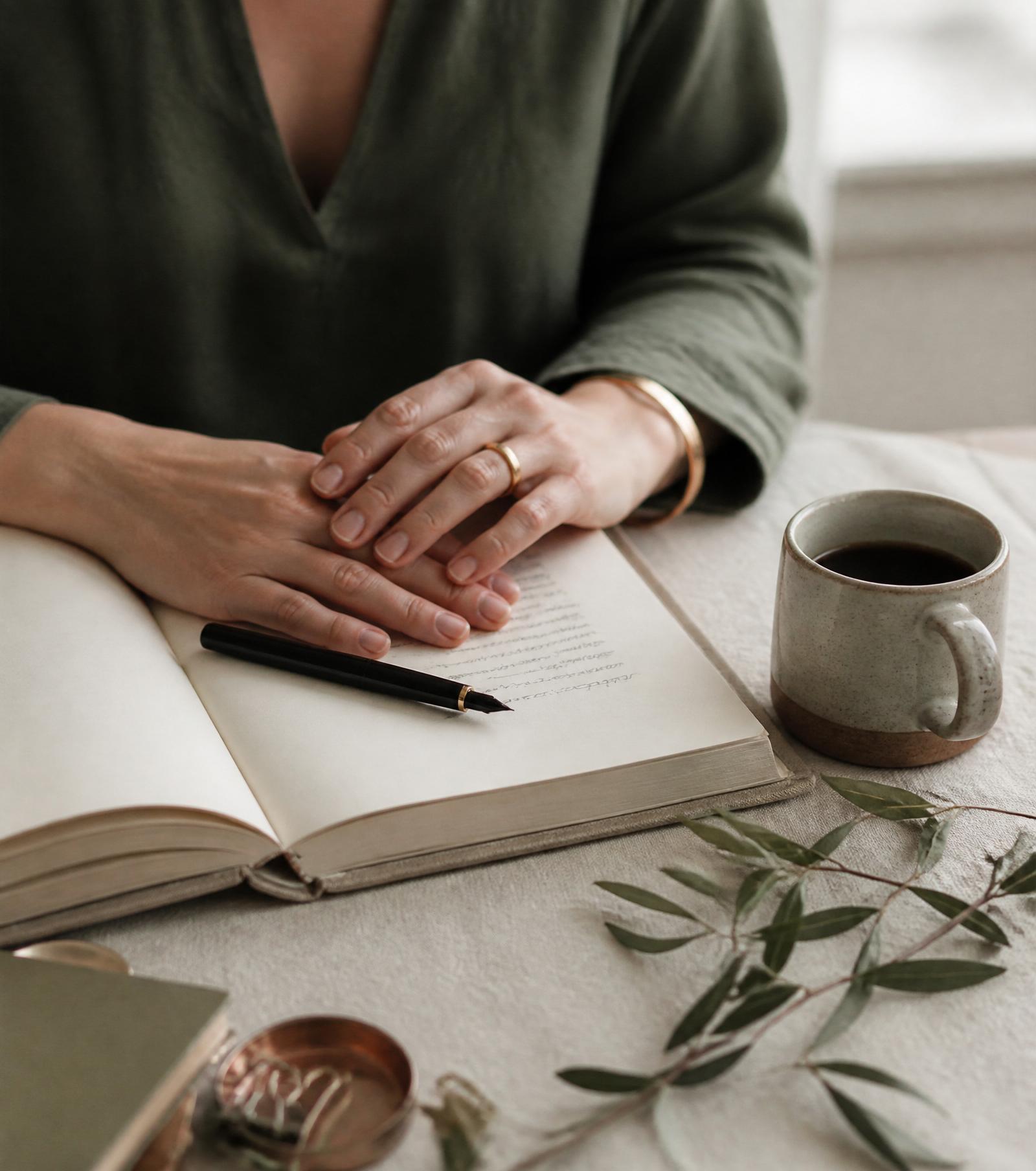 Hands resting on an open notebook beside a stoneware mug and a sprig of willow