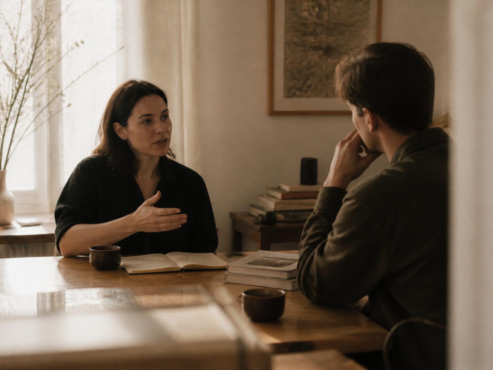 Two people in quiet conversation across a warm wooden table